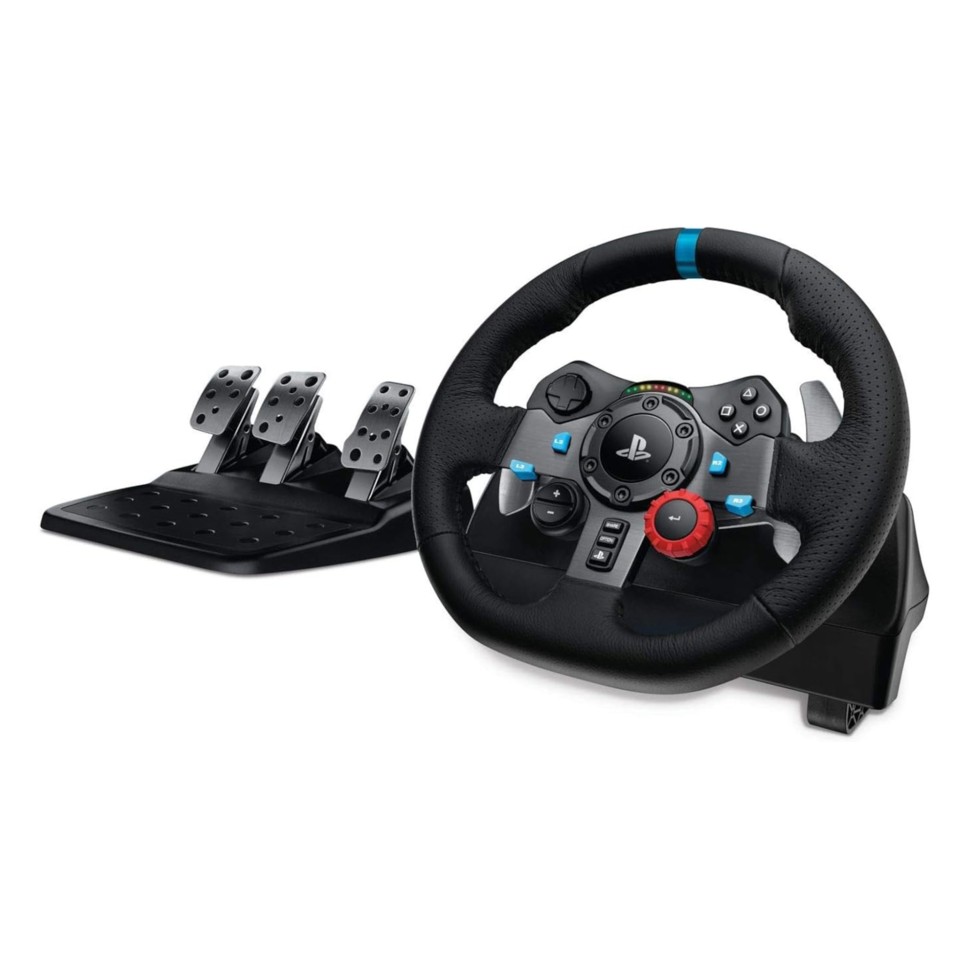 Logitech G29 gaming steering wheel and pedals on a white background