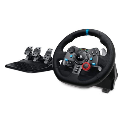 Logitech G29 gaming steering wheel and pedals on a white background