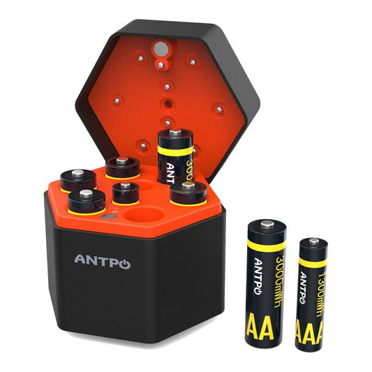 Cargador Antpo + 6 Pilas AA 3000mWh + 2 Pilas AAA Litio 1300mWh
