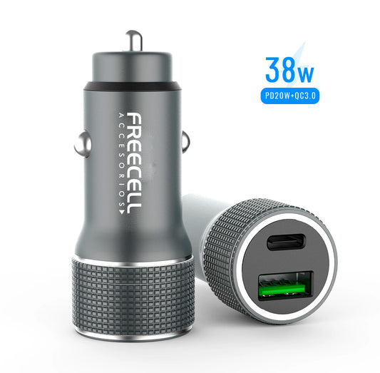 Cargador celular p/ auto FREECELL 12V- 24V 38W USB - USB C