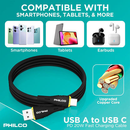 Cable Usb C - Usb A Philco 20w 480mbps 1,2m Negro