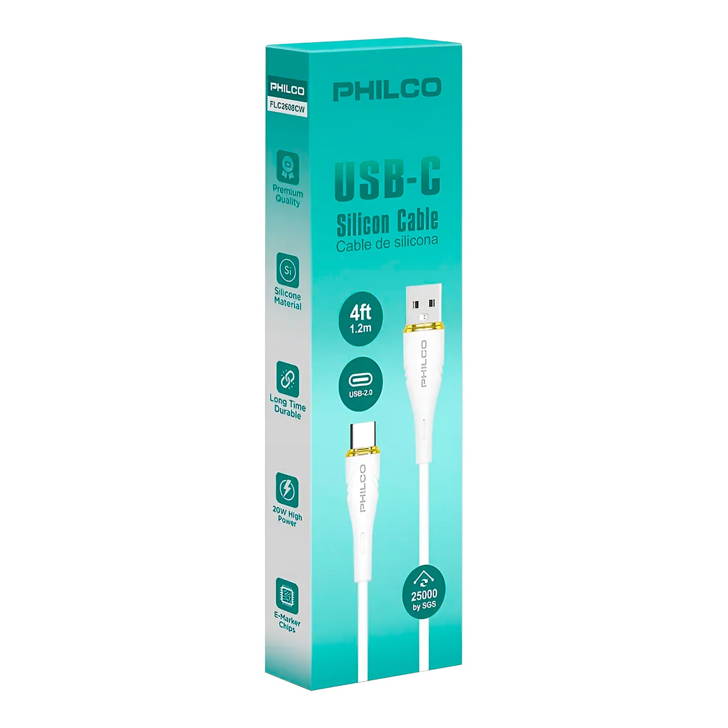 Cable Usb C - Usb A Philco 20w 480mbps 1,2m Blanco