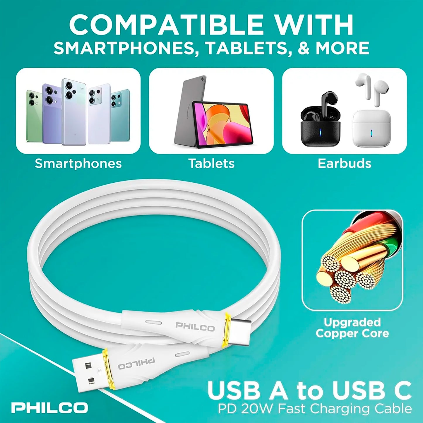 Cable Usb C - Usb A Philco 20w 480mbps 1,2m Blanco
