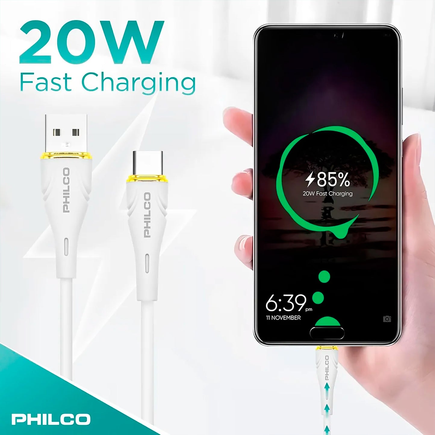 Cable Usb C - Usb A Philco 20w 480mbps 1,2m Blanco