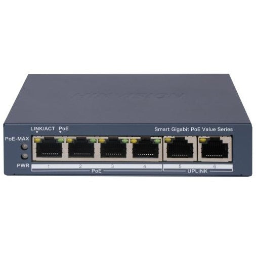 Switch PoE Hikvision 6 puertos gigabit 45w admin.